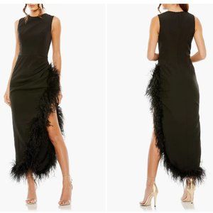 MAC DUGGAL 11626 SLEEVELESS FAUX WRAP FEATHER DETAIL SIDE SLIT BLACK DRESS sz 6